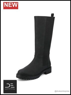 Knee High Stretch Faux Leather Block Heel Boots Extra Wide Calf